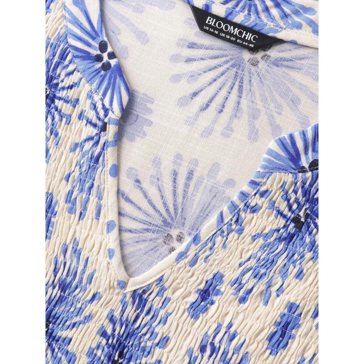 Plus Size Skyblue Floral Symphony Print Split Neck Blouse Women Short sleeve Notched collar Vacation Blouses BloomChic 28/5X Product Image