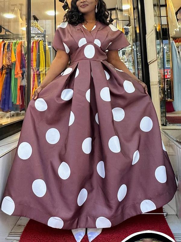 A-Line Half Sleeves Pleated Polka-Dot V-Neck Maxi Dresses Product Image
