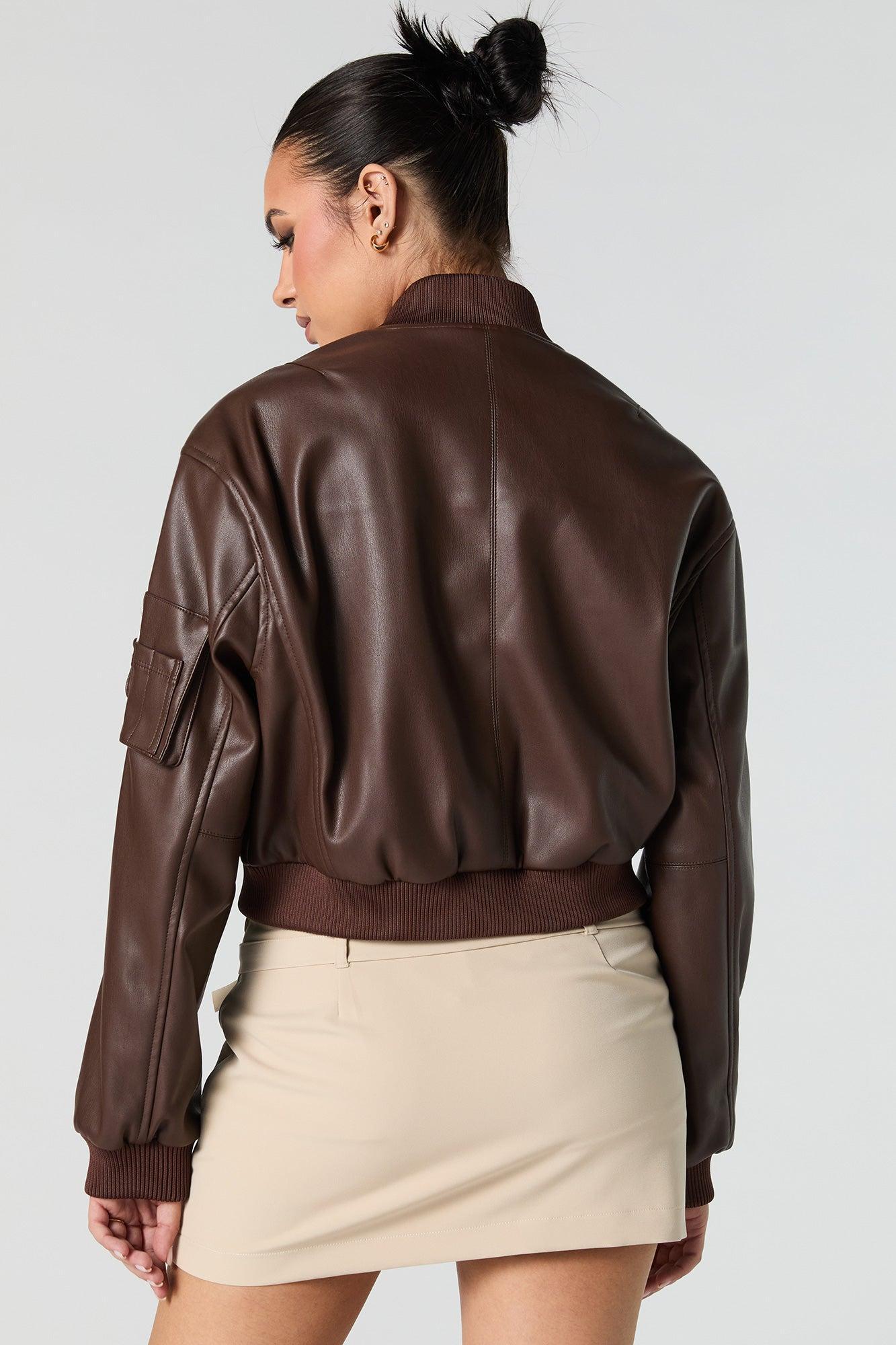 Faux Leather Cropped Bomber Jacket Female Product Image