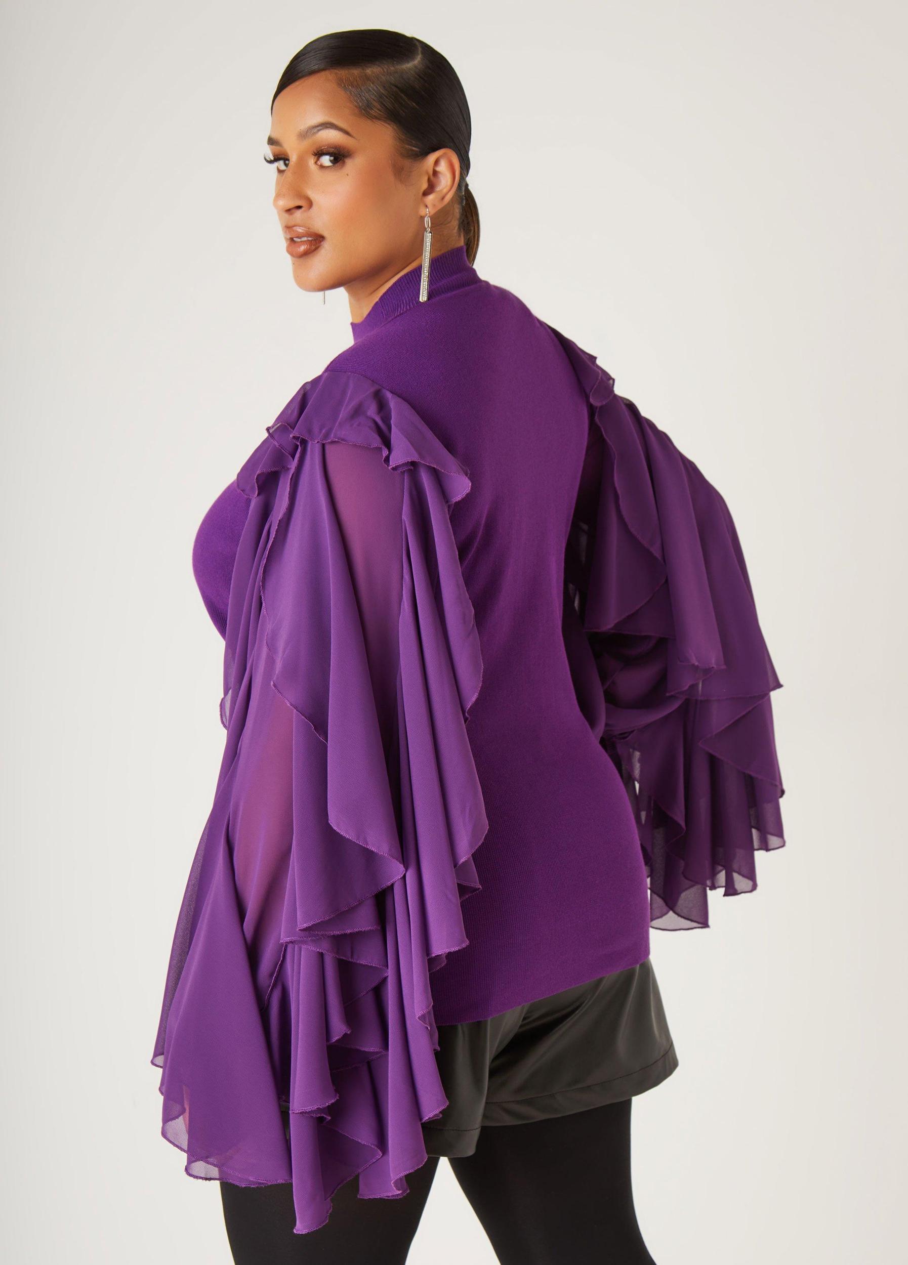 Plus Size Ruffled Organza Sleeved Sweater Ashley Stewart Product Image