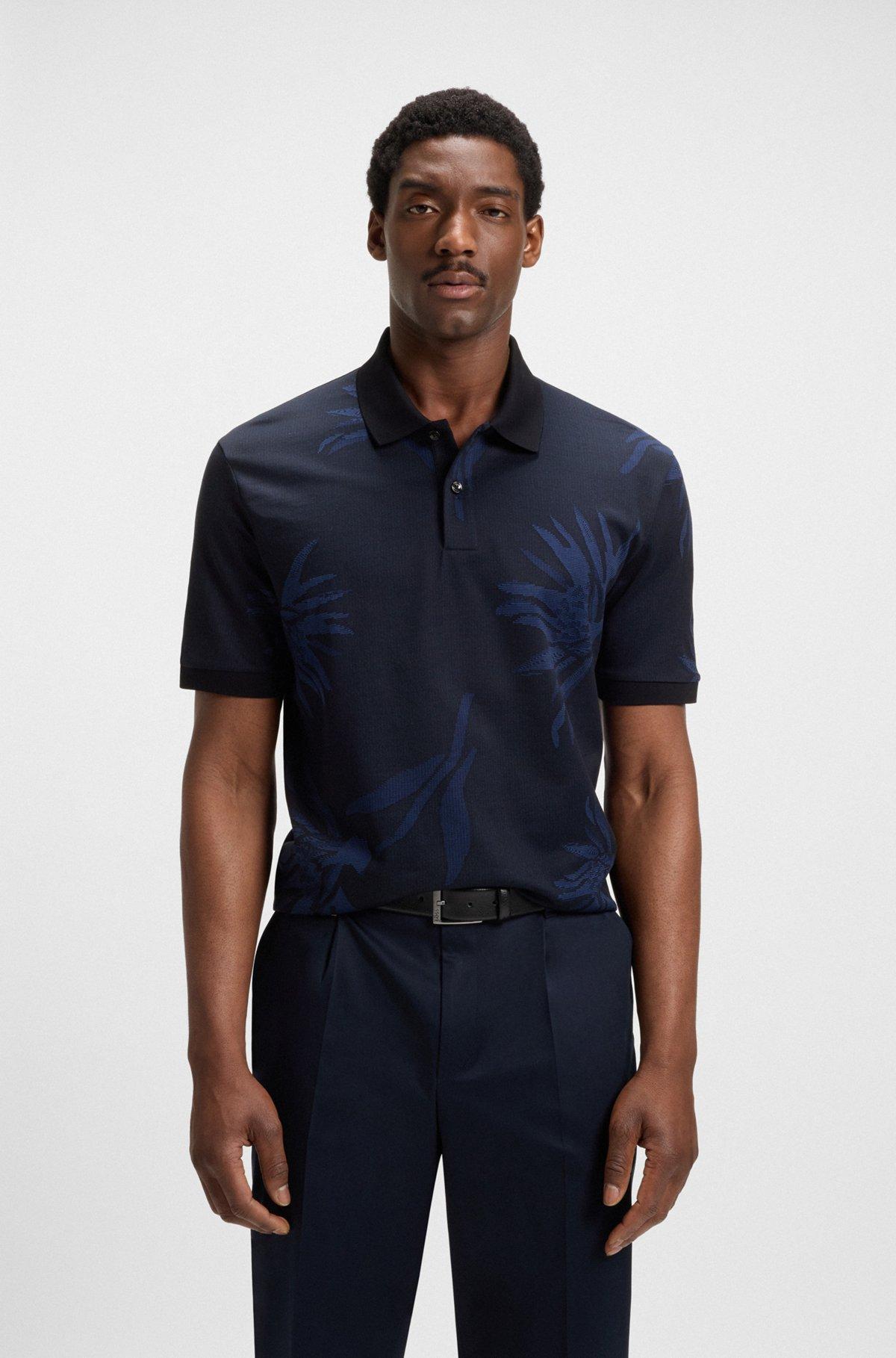 BOSS - Mercerized-cotton polo shirt with floral jacquard - Dark Blue Product Image