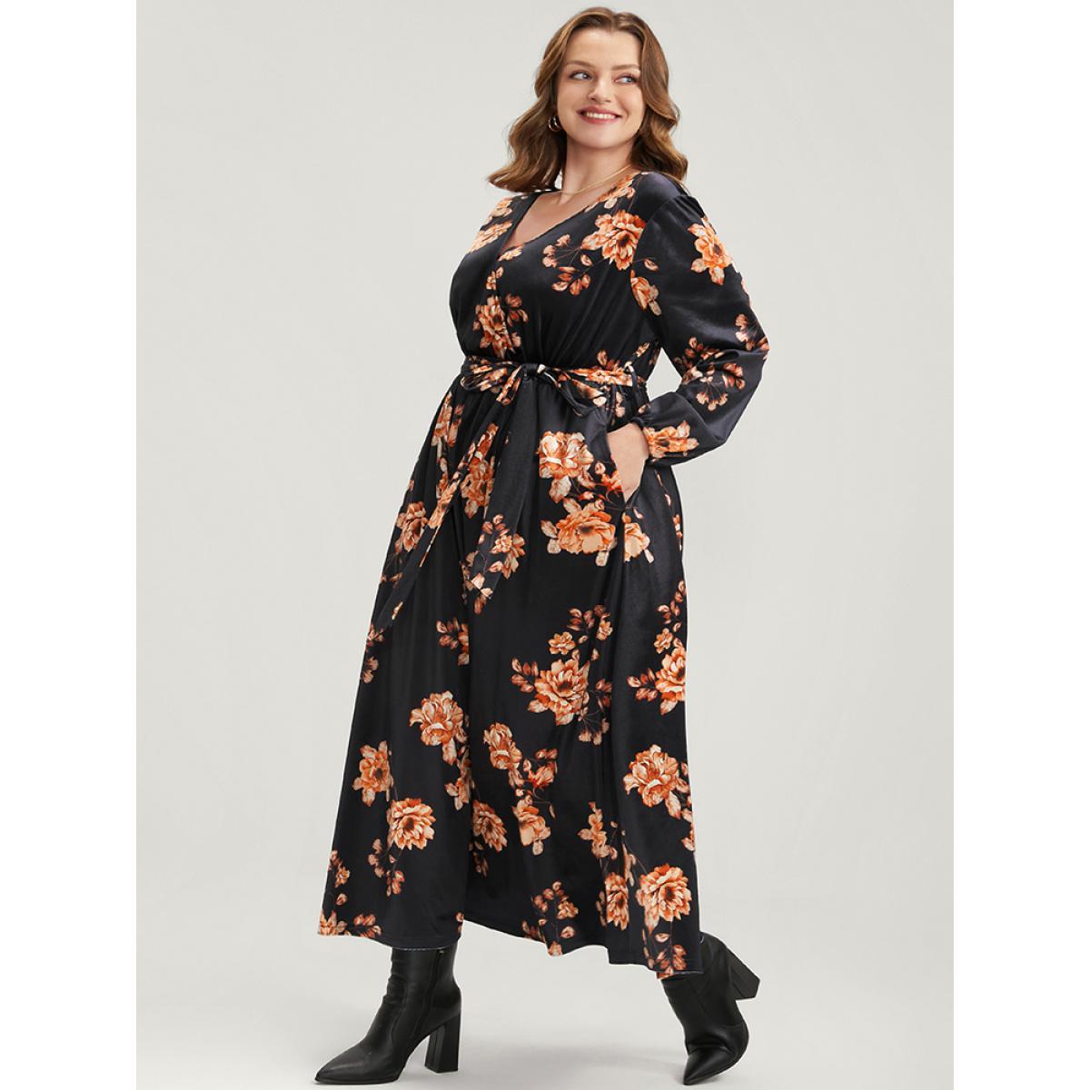 Plus Size Floral Lantern Sleeve Belted Surplice Neck Velvet Maxi Dress Black Women Elegant Cross straps V-neck Long Sleeve Curvy Long Dress BloomChic 18-20/2X Product Image