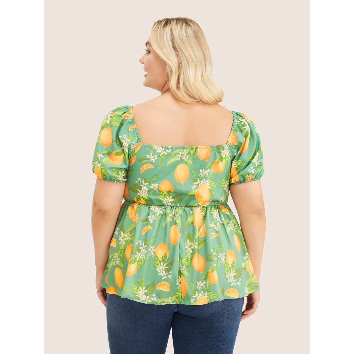 Plus Size Mint Citrus Orange & Floral Print Puff Sleeve Ruffles Blouse Women Vacation Short sleeve V-neck Dailywear Blouses BloomChic 12/L Product Image