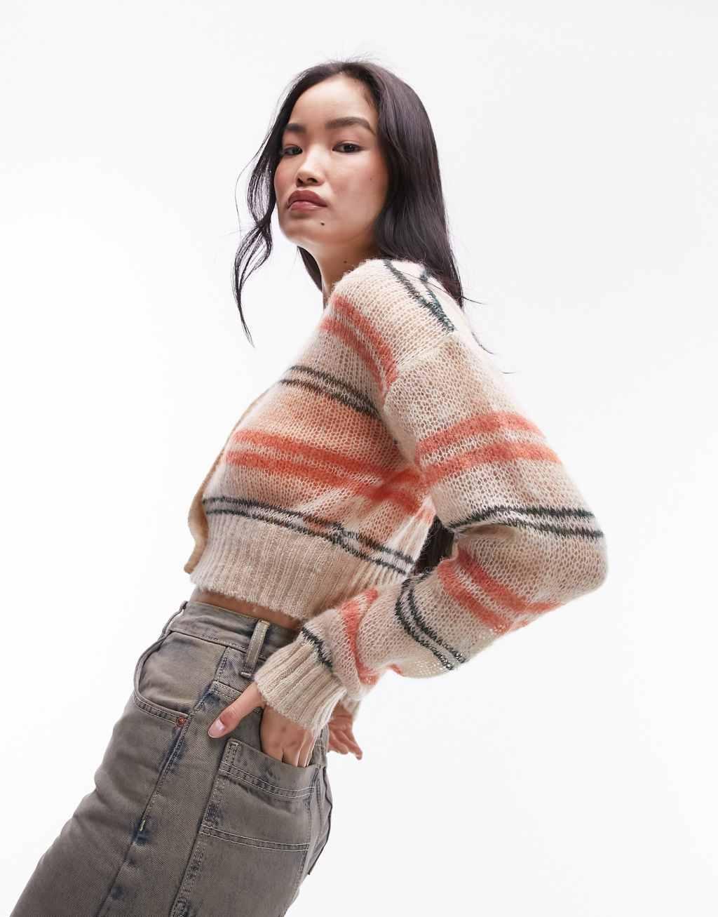 Topshop knitted stripe sheer knit cardigan Product Image
