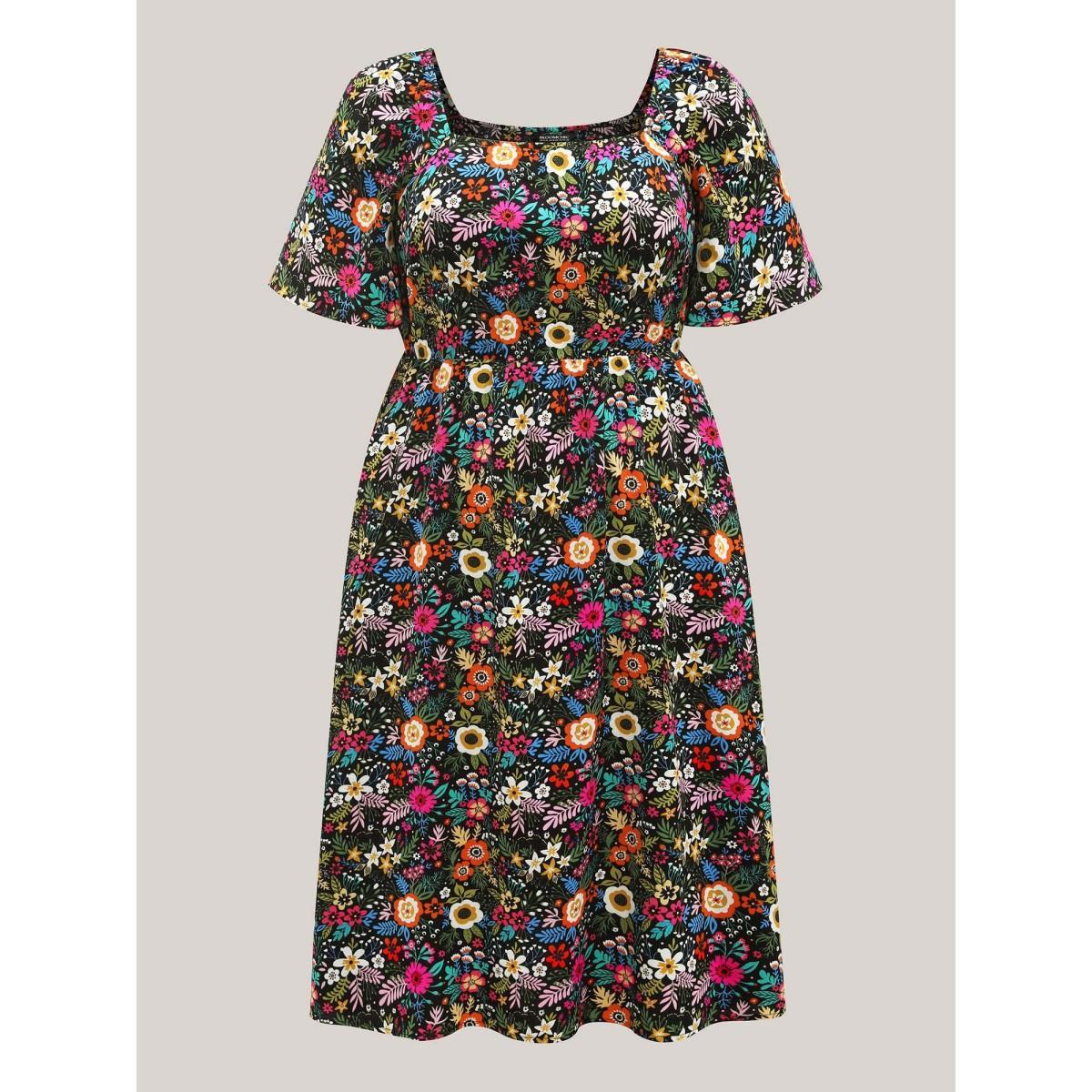 Plus Size Bold Floral Print Pockets Midi Dress Black Women Elegant Square Neck Short sleeve Curvy BloomChic 12/L Product Image