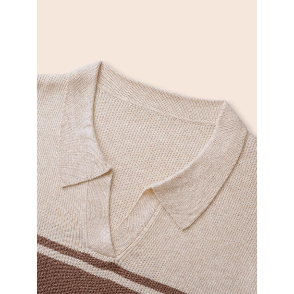 Plus Size Colorblock Contrast Striped Polo Neck Pullover Beige Women Casual Long Sleeve Polo Everyday Pullovers BloomChic 18-20/2X Product Image