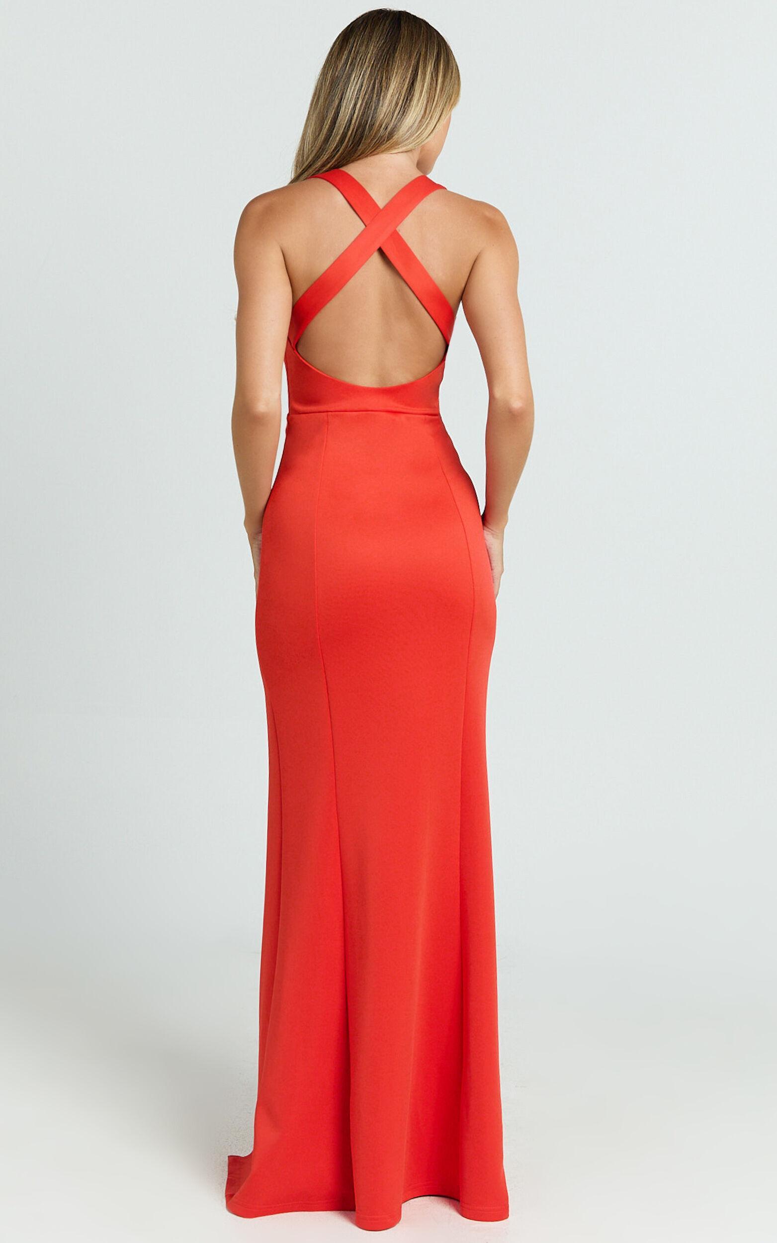 Lainie Maxi Dress - Straight Neck Thigh Split Cross Back in Orange Product Image