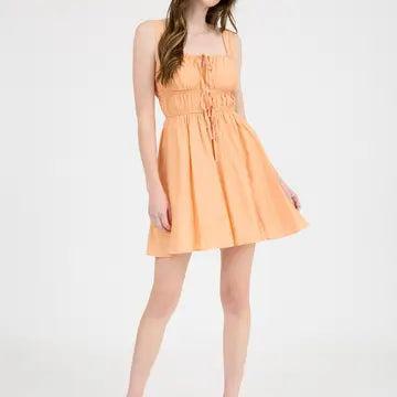 Apricot Front Tie Gathered Waist Sleeveless Mini Dress Female Product Image