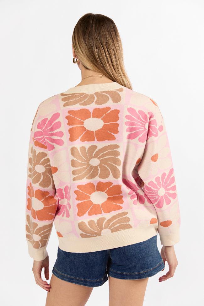 Gracious Gardens Coral Multi Block Floral Sweater FINAL SALE Product Image
