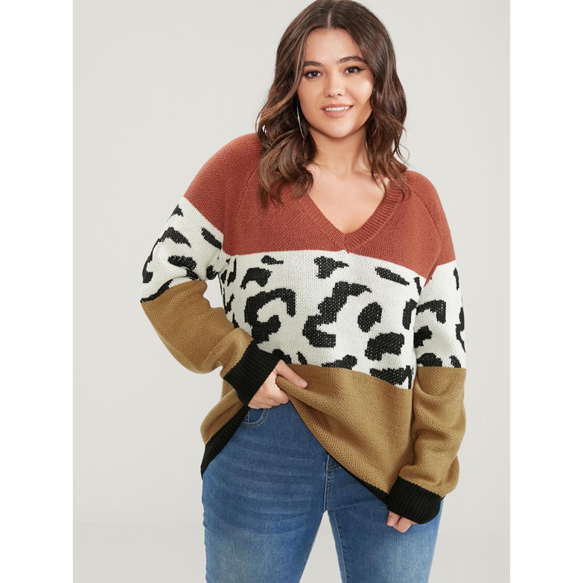 Plus Size Leopard Colorblock Contrast Pointelle Knit V Neck Knit Top Multicolor Women Casual Loose Long Sleeve V-neck Dailywear Pullovers BloomChic 10/M Product Image