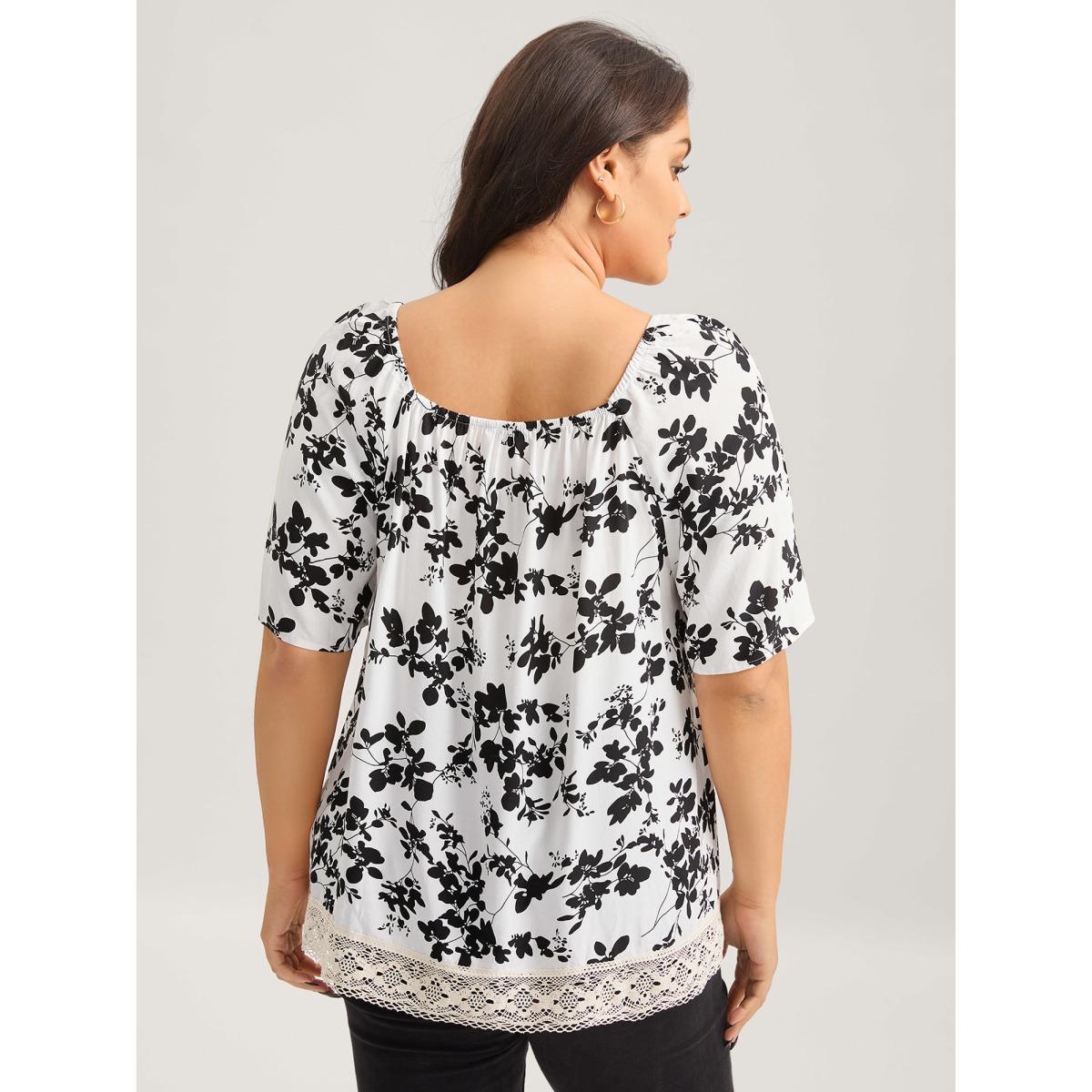 Plus Size WhiteSmoke Silhouette Floral Lace Detail Blouse Women Half Sleeve Square Neck Everyday-Elegant Blouses BloomChic 26/4X Product Image