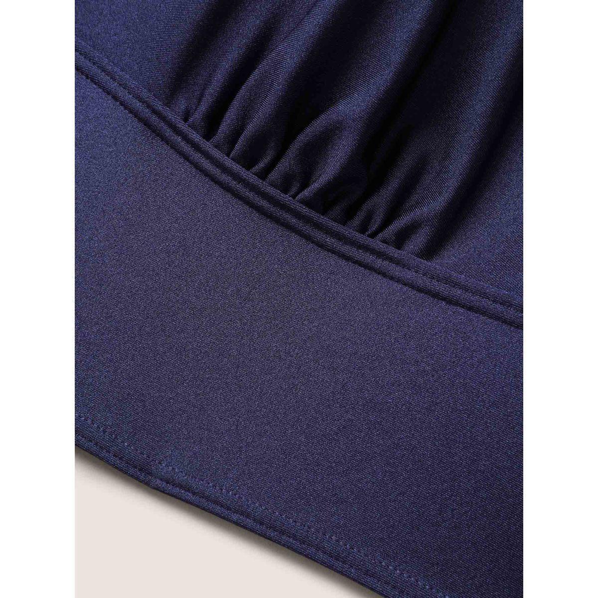 Plus Size Solid V Neck Tie Knot Adjustable Straps Swim Top Women's Swimwear Indigo Beach Tie knot High stretch Skinny V-neck Curve Swim Tops BloomChic 12/L Product Image