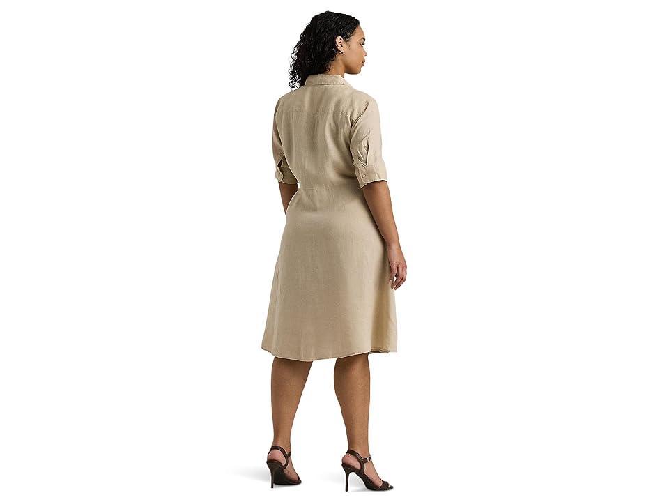 Lauren Ralph Lauren Plus Size Tie-Front Linen Shirtdress (Explorer Sand) Women's Dress Product Image