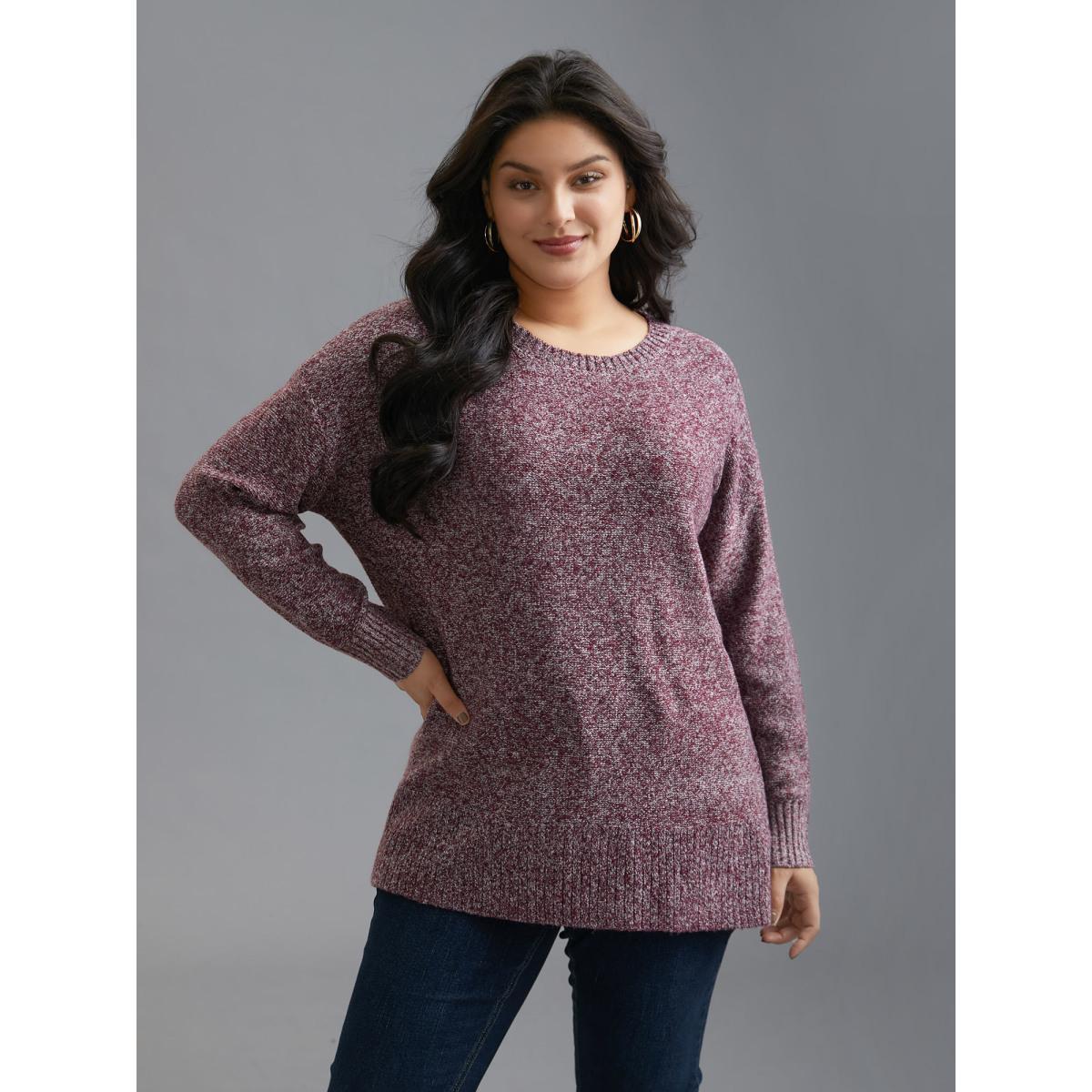 Plus Size Texture Bowknot Cut Out Slit Hem Pullover Plum Women Casual Loose Long Sleeve Round Neck Everyday Pullovers BloomChic 22-24/3X Product Image