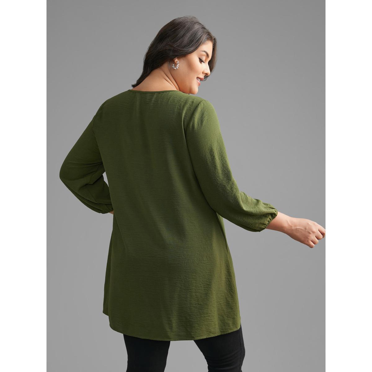 Plus Size ArmyGreen Woven Ribbon Tie Knot Gathered Blouse Women Elegant Elbow-length sleeve V-neck Everyday Blouses BloomChic 12/L Product Image