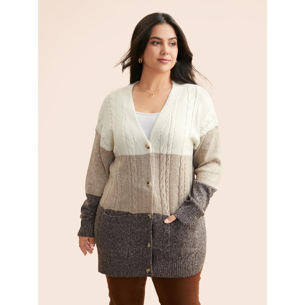 Plus Size Colorblock Contrast Cable Knit Cardigan Browncoffeecolor Women Casual Loose Long Sleeve Everyday Cardigans BloomChic 18-20/2X Product Image