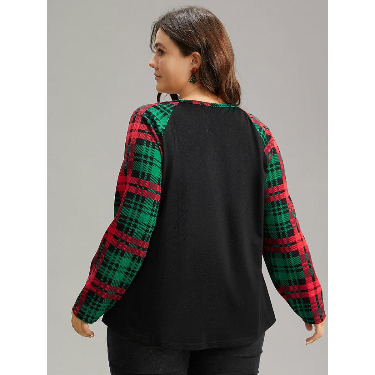 Plus Size Plaid Contrast Notched Raglan Sleeve T-shirt Black Women Casual Contrast Plaid Notched collar Festival-Christmas T-shirts BloomChic 26/4X Product Image