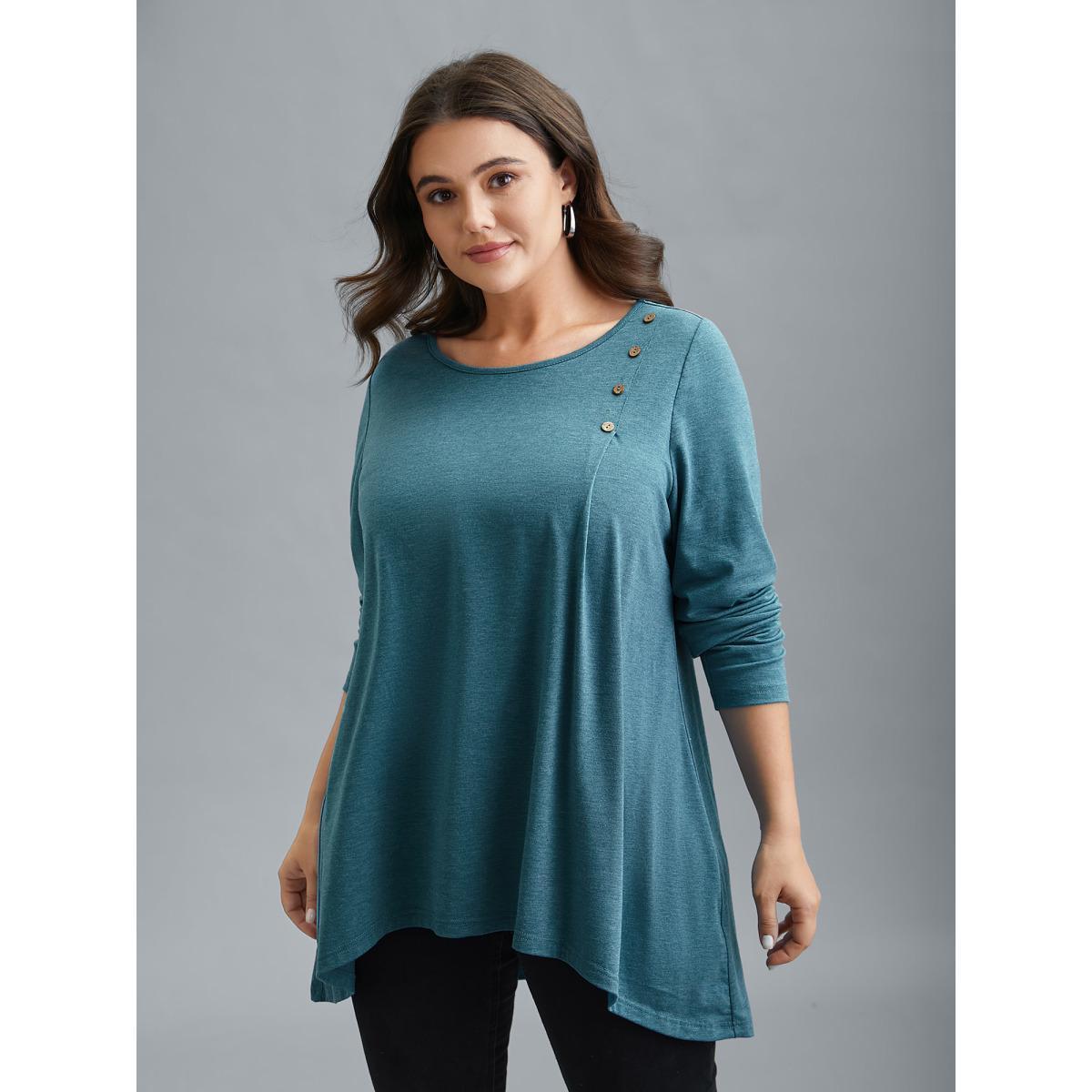 Plus Size Shoulder Button Hi-Low Hem Flared T-Shirt Teal Women Casual Button Round Neck Loose Everyday T-shirts BloomChic 10/M Product Image
