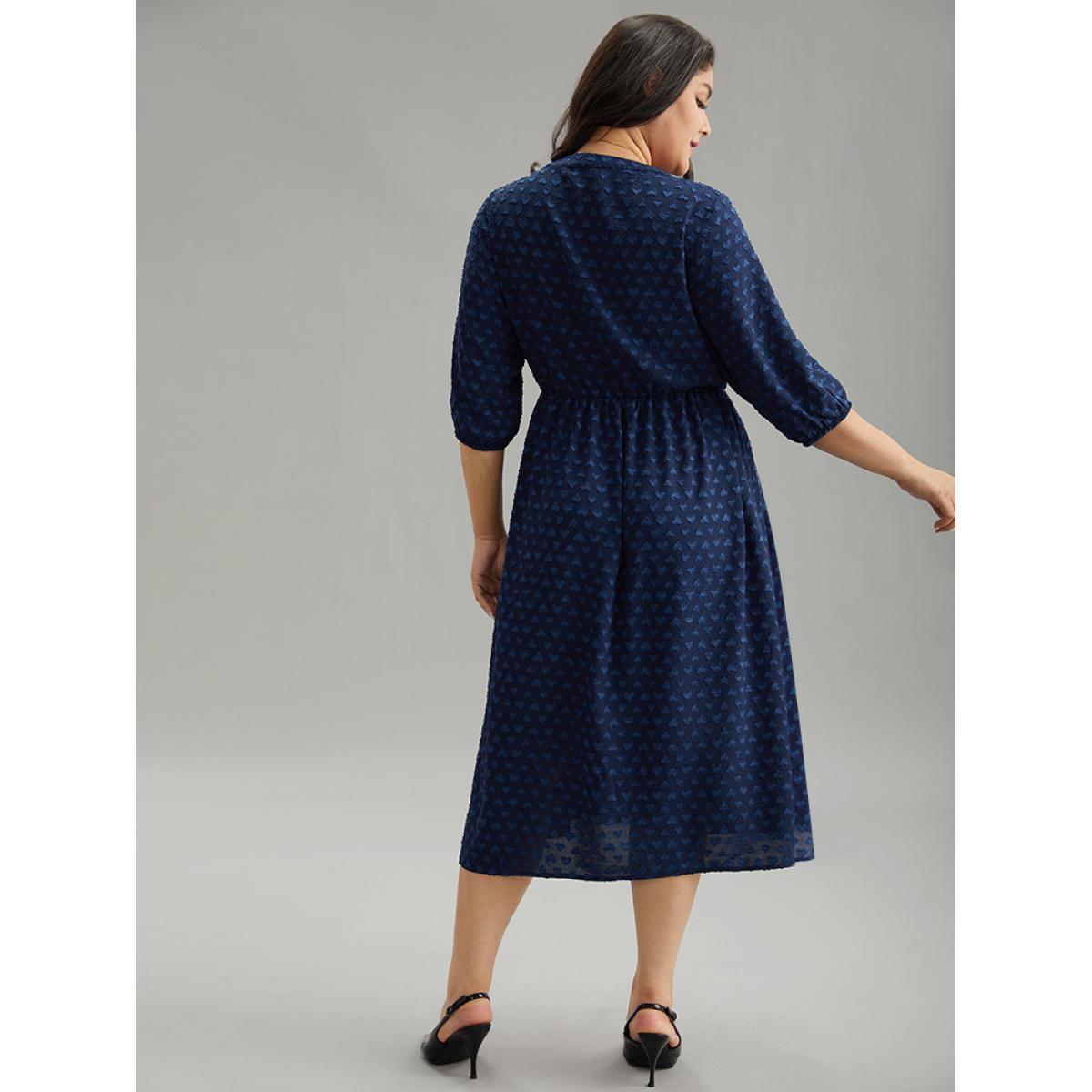 Plus Size Plain Heart Textured Half Zip Notched Dress Indigo Women Office Elastic cuffs Notched collar Elbow-length sleeve Curvy Midi Dress BloomChic 30/6X Product Image
