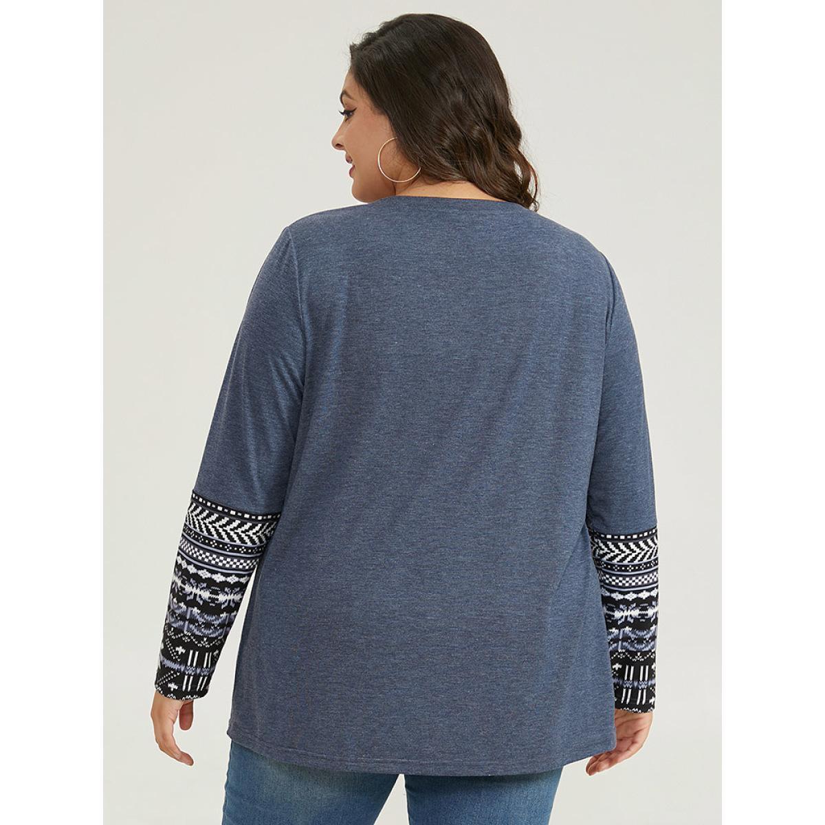 Plus Size Boho Print Round Neck Gathered T-shirt Blue Women Casual Patchwork Bohemian Print Round Neck Dailywear T-shirts BloomChic 22-24/3X Product Image
