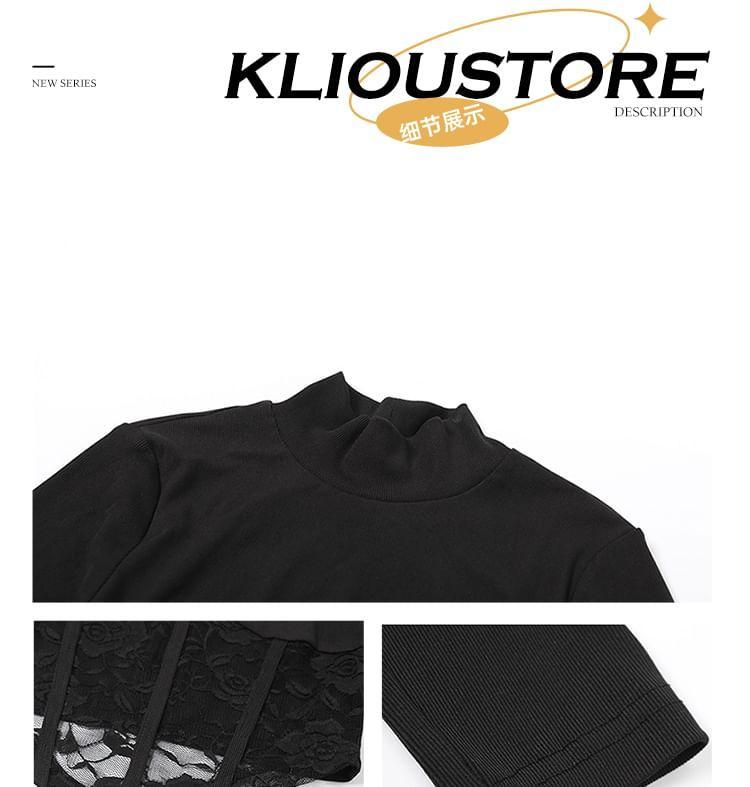 Long-Sleeve Mock Neck Plain Asymmetrical Lace Panel Cropped T-Shirt / Mid Waist Ruched Maxi Fishtail Skirt Product Image