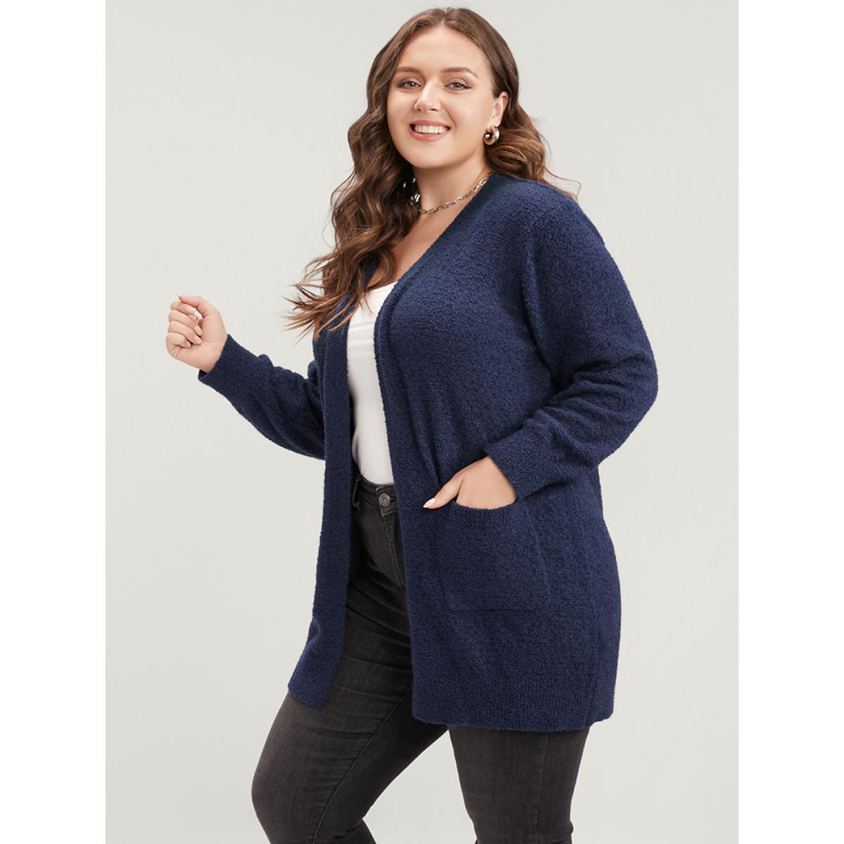 Plus Size Solid Super Soft Plush Knit Open Front Cardigan DarkBlue Women Casual Loose Long Sleeve Work Cardigans BloomChic 14-16/1X Product Image