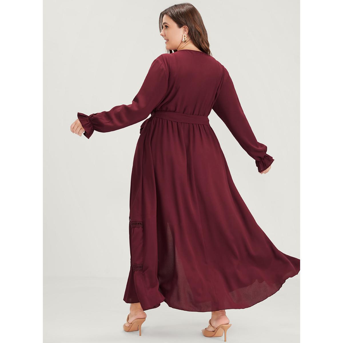 Plus Size Solid Lantern Sleeve Crochet Lace Button Ties Belted Maxi Dress Burgundy Women Elegant Plain V-neck Long Sleeve Curvy Long Dress BloomChic 12/L Product Image