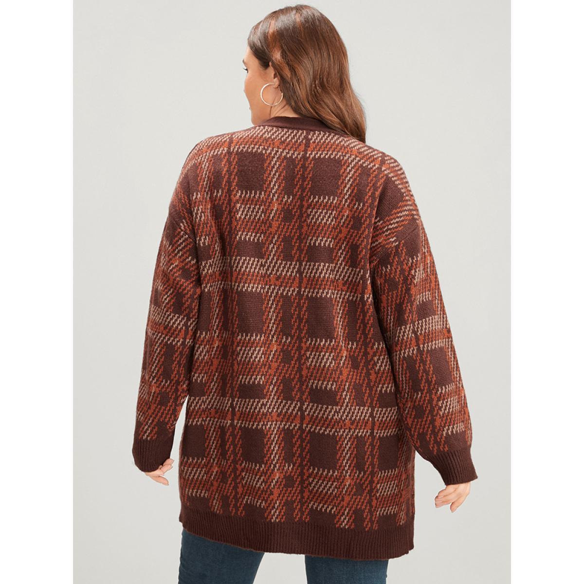 Plus Size Tartan Contrast Pointelle Knit Pocket Open Front Cardigan DarkBrown Women Casual Loose Long Sleeve Dailywear Cardigans BloomChic 28/5X Product Image