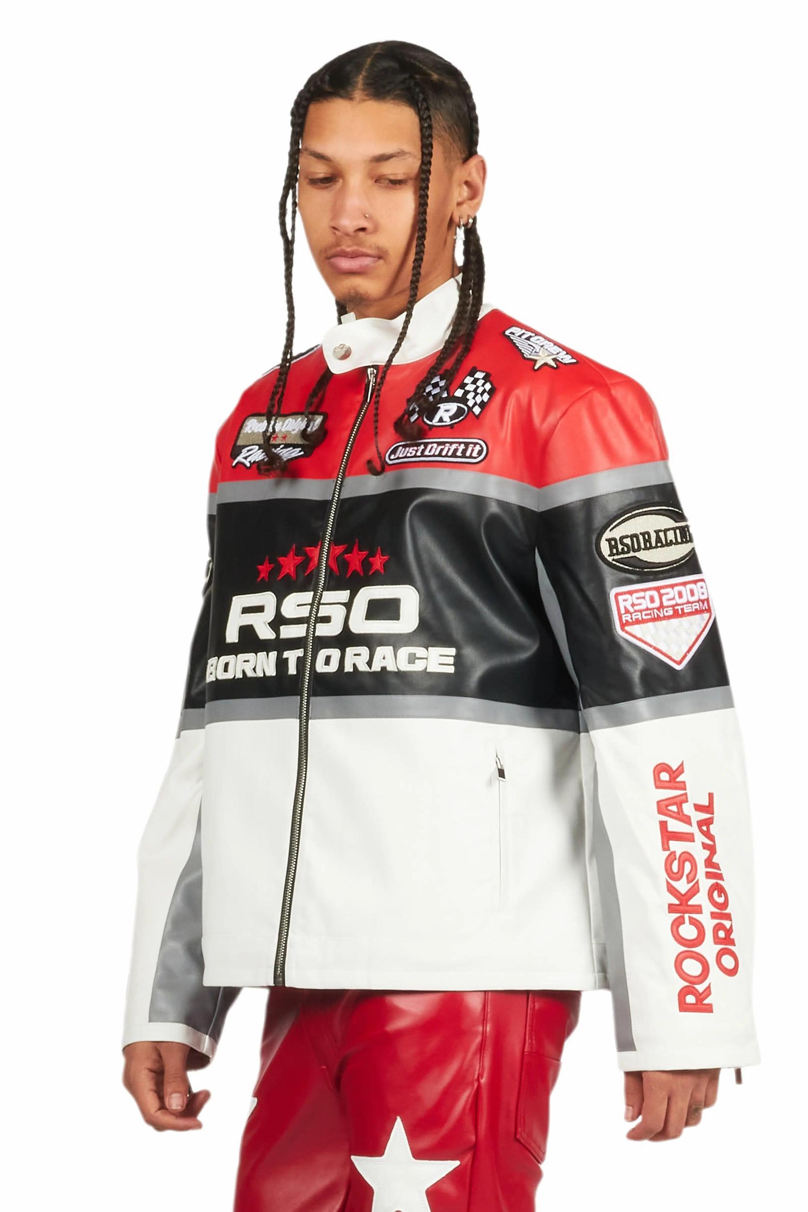 Balint Red/White Leather Moto Jacket Male Product Image