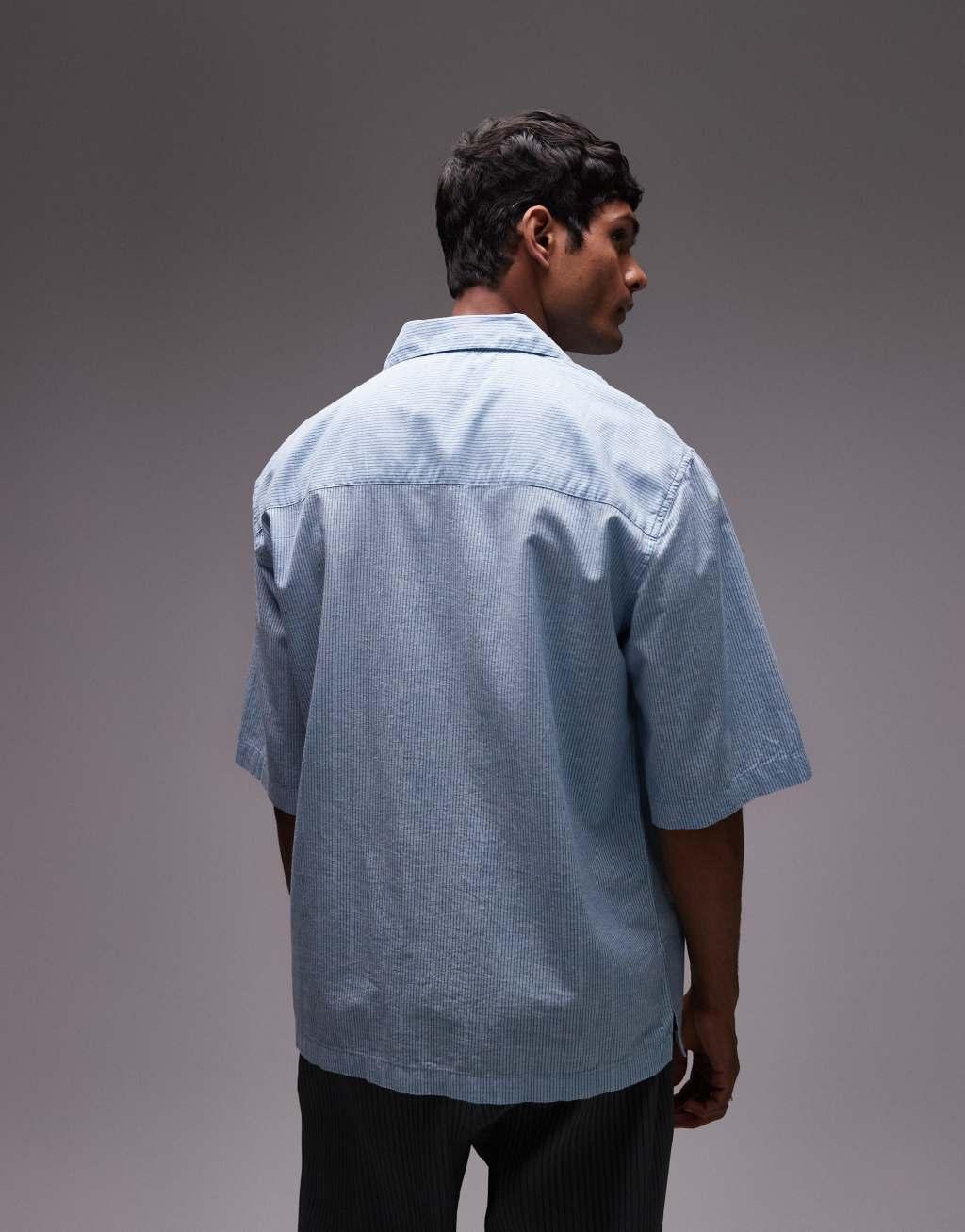 Topman short sleeve boxy striped shirt in blue Product Image