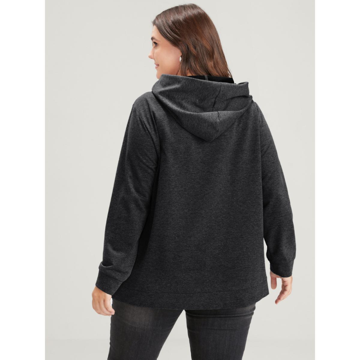Plus Size Heart Print Drop Shoulder Pocket Drawstring Hooded Sweatshirt Women DarkGray Casual Plain Hooded Dailywear Sweatshirts BloomChic 28/5X Product Image