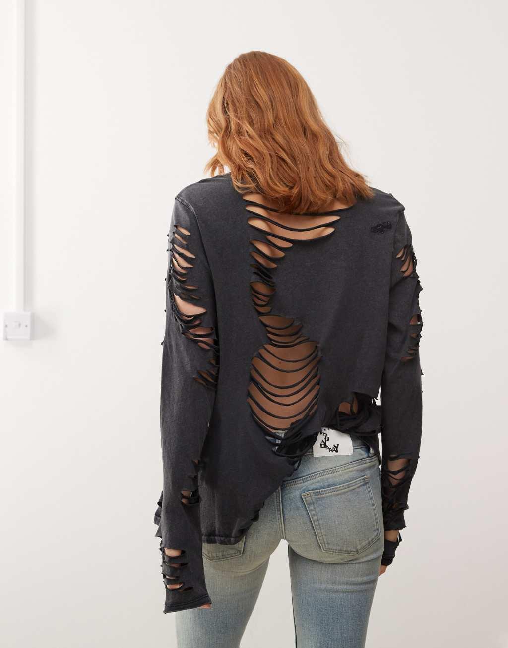 Cheap Monday long sleeve t-shirt with ladder rip detail in acid wash black Product Image