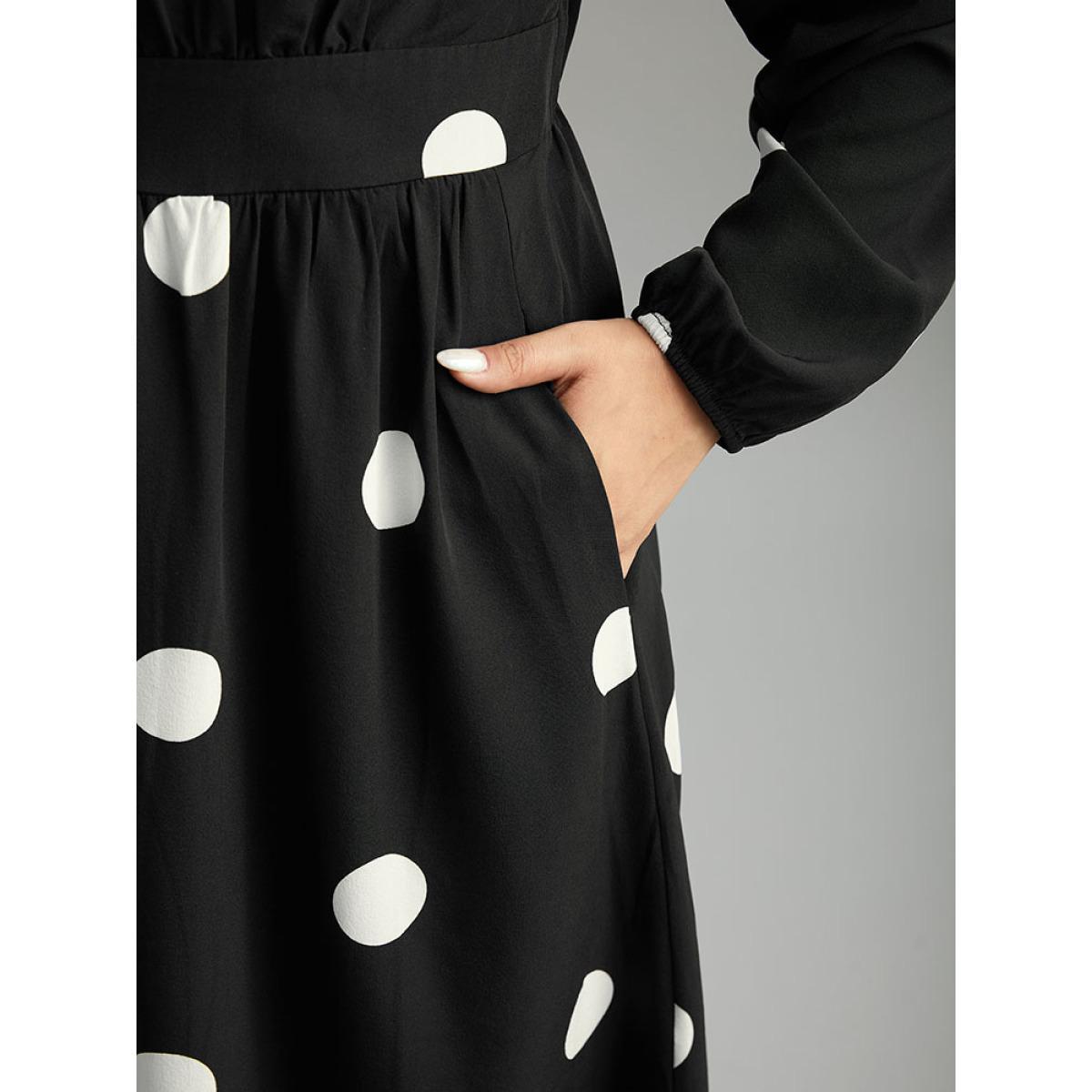 Plus Size Polka Dot Square Neck Gathered Elastic Cuffs Dress Black Women Elegant Elastic cuffs Square Neck Long Sleeve Curvy Midi Dress BloomChic 30/6X Product Image
