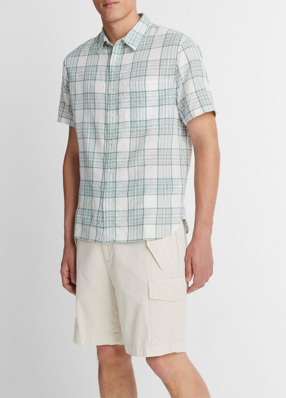 Mens Kino Plaid Linen-cotton Short-Sleeve Shirt, Mirage Teal/optic White, Size XL Vince Product Image