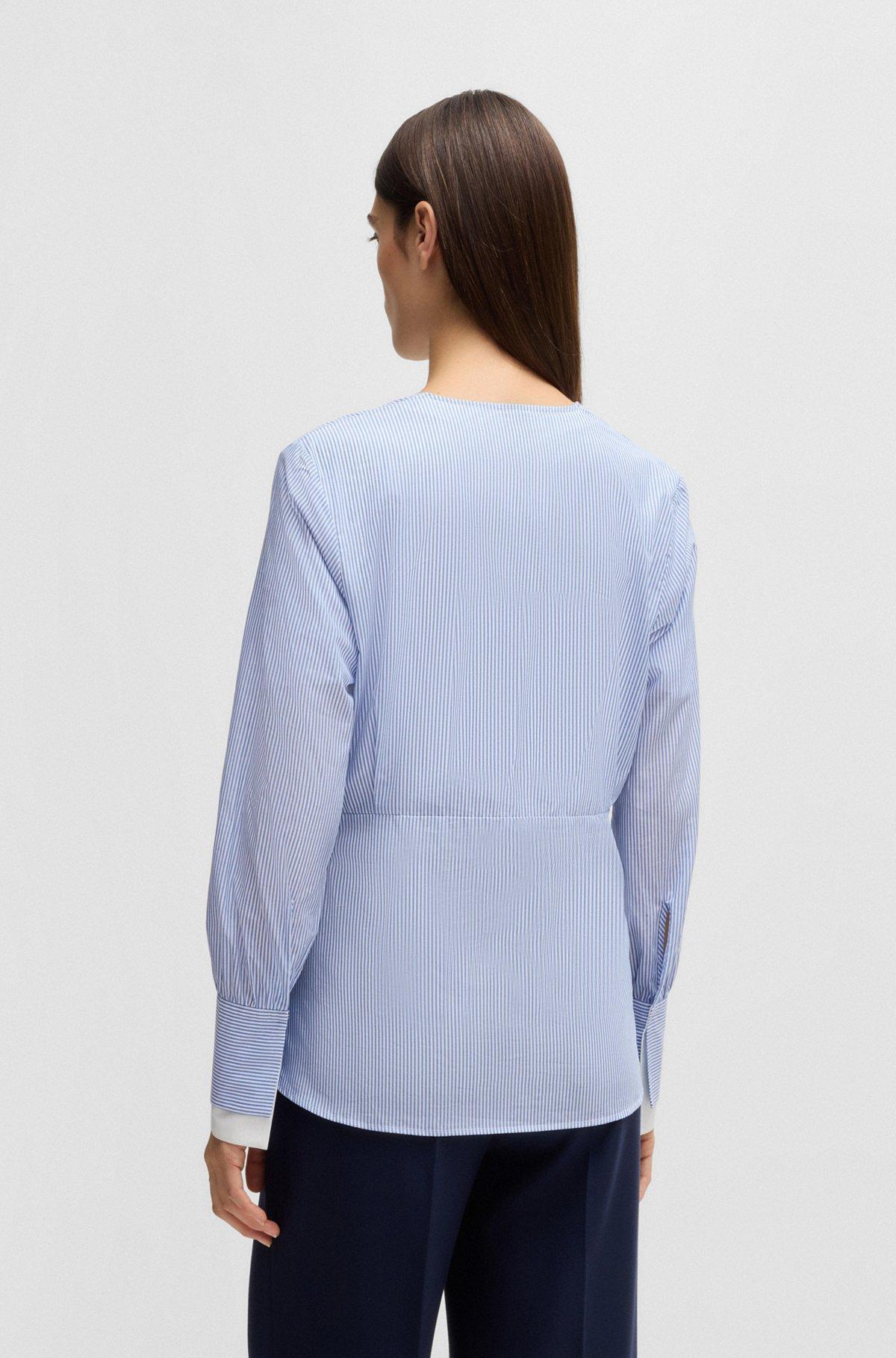 BOSS - Twist-front slim-fit blouse in striped cotton - Blue Product Image
