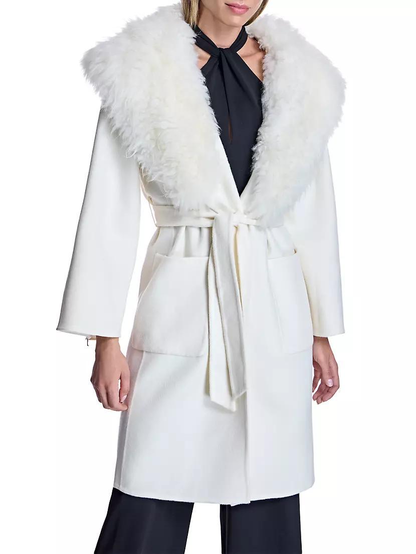 Wool Blend Belted Fur Trim Coat Product Image