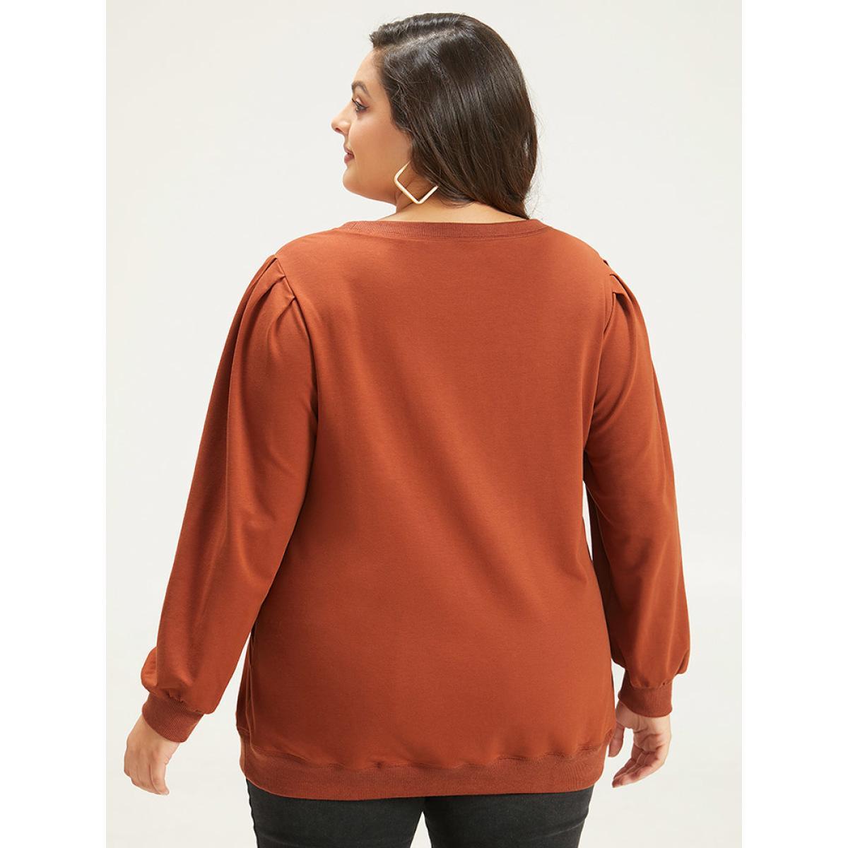 Plus Size Solid Pleated Detail Elastic Cuffs Sweatshirt Women Rust Casual Elastic cuffs Round Neck Dailywear Sweatshirts BloomChic 10/M Product Image