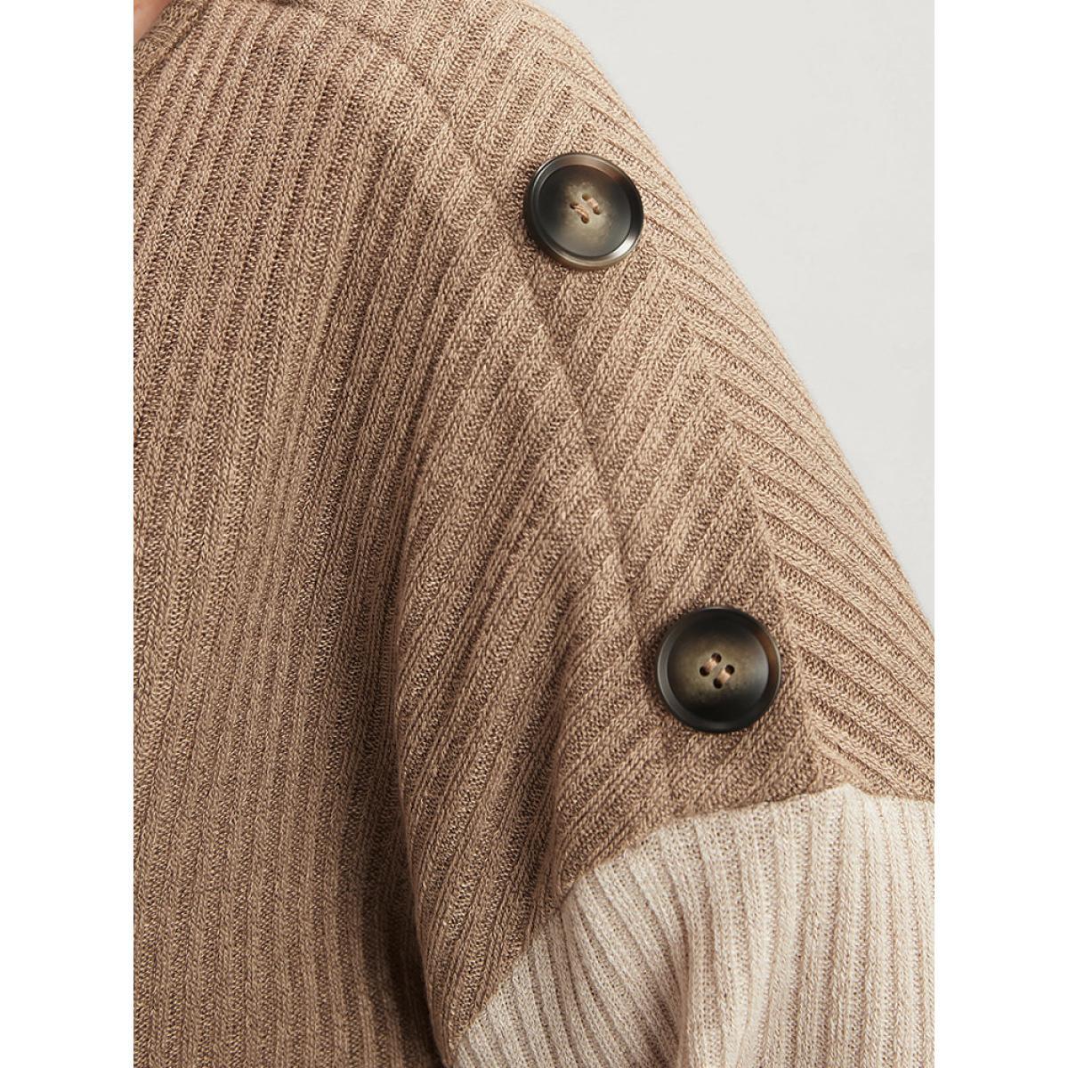Plus Size Colorblock Contrast Button Detail Rib Knit Sweatshirt Women LightBrown Casual Contrast Round Neck Dailywear Sweatshirts BloomChic 26/4X Product Image
