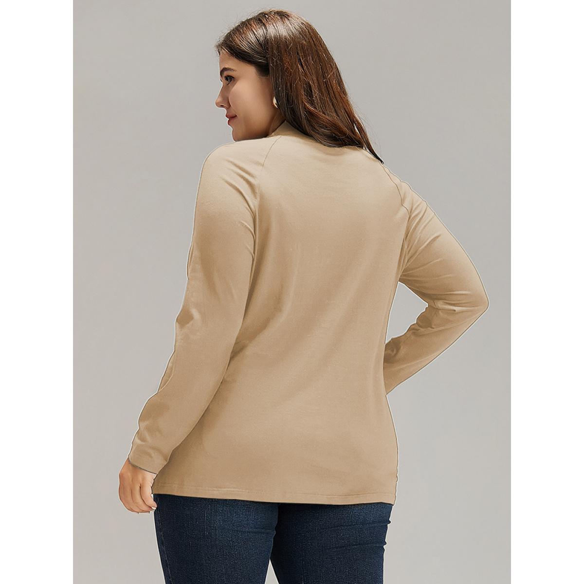 Plus Size Cotton Mock Neck Raglan Sleeve T-shirt Apricot Women Elegant Plain Plain Mock Neck Dailywear T-shirts BloomChic 22-24/3X Product Image