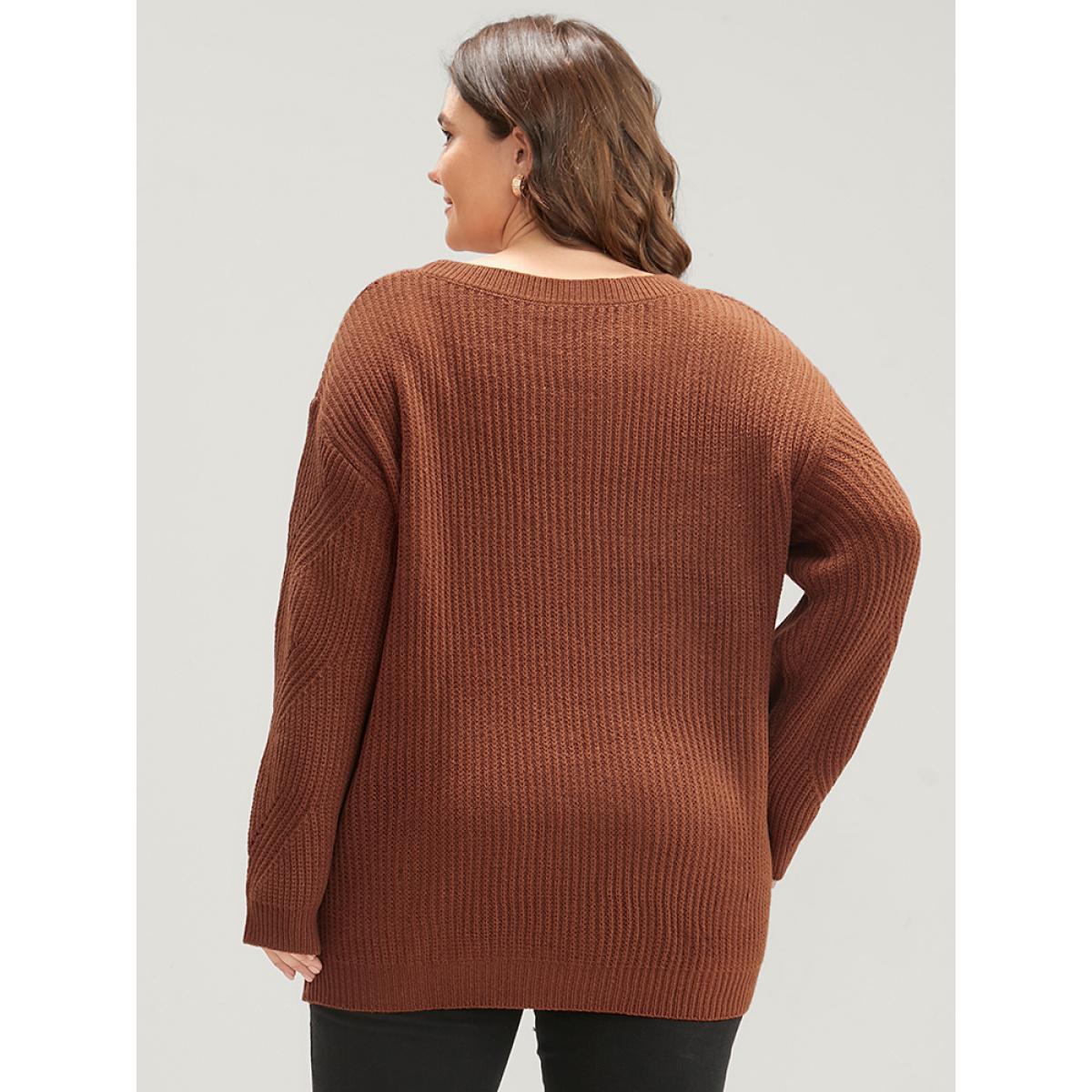 Plus Size Solid Pointelle Knit Cut Out Round Neck Knit Top Maroon Women Casual Loose Long Sleeve Dailywear Pullovers BloomChic 10/M Product Image