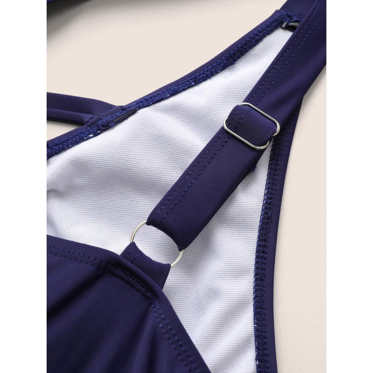 Plus Size Tropical Print Patchwork Crisscross Hanky Hem Swim Dress Women's Swimwear Indigo Vacation Bodycon Overlap Collar High stretch Curve Swim Dresses BloomChic 12/L Product Image