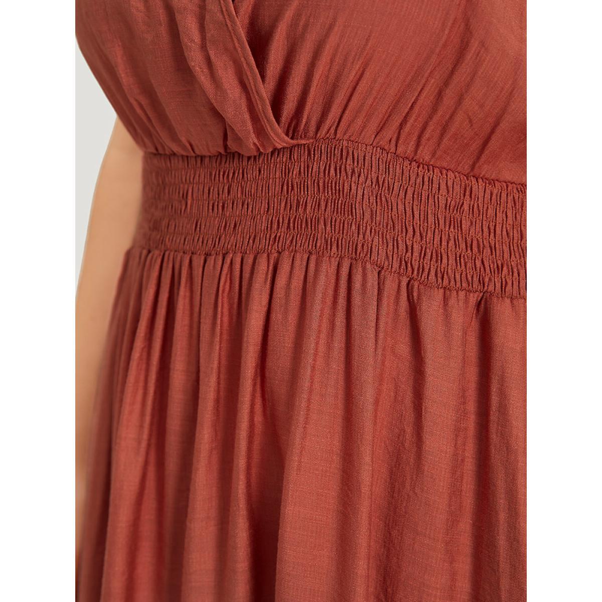 Plus Size Solid Crochet Lace Gathered Wrap Shirred Cami Dress Russet Women Vacation Patchwork V-neck Sleeveless Curvy Long Dress BloomChic 28/5X Product Image