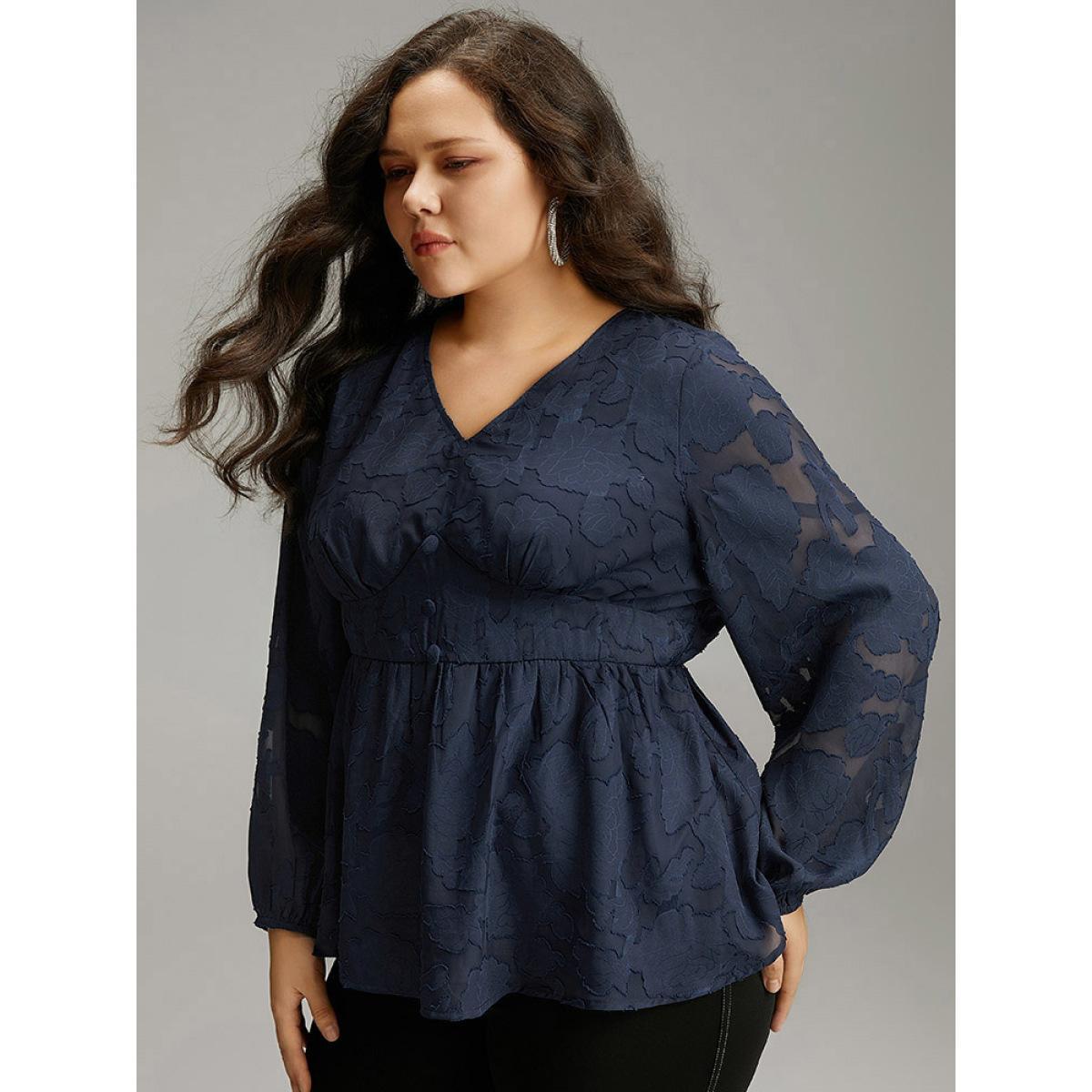 Plus Size Indigo Floral Mesh Elastic Waist Button Detail Blouse Women Glamour Long Sleeve V-neck Going out Blouses BloomChic 22-24/3X Product Image