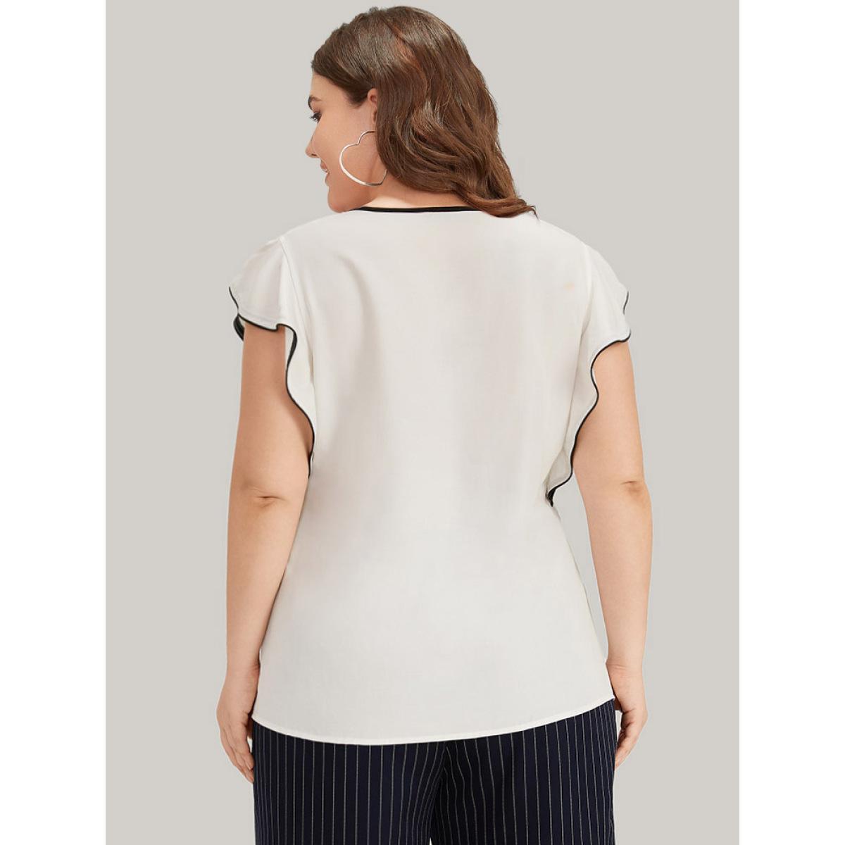 Plus Size Ivory Contrast Keyhole Ruffle Trim Cap Sleeve Blouse Women Office Cap Sleeve Keyhole Cut-Out Work Blouses BloomChic 18-20/2X Product Image