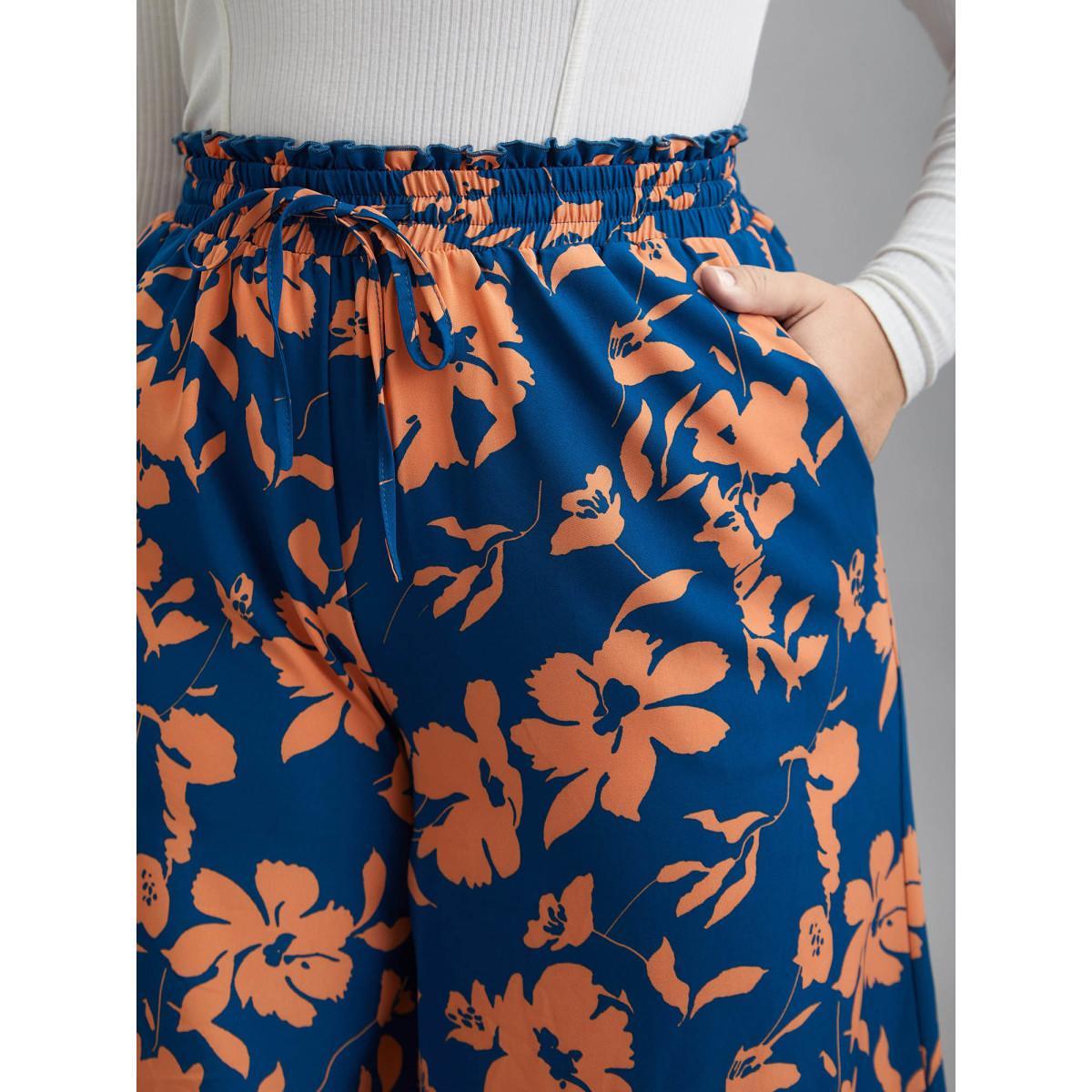 Plus Size Floral Smocked Waist Flared Leg Pants Women DarkBlue Elegant Wide Leg Mid Rise Everyday Pants BloomChic 12/L Product Image