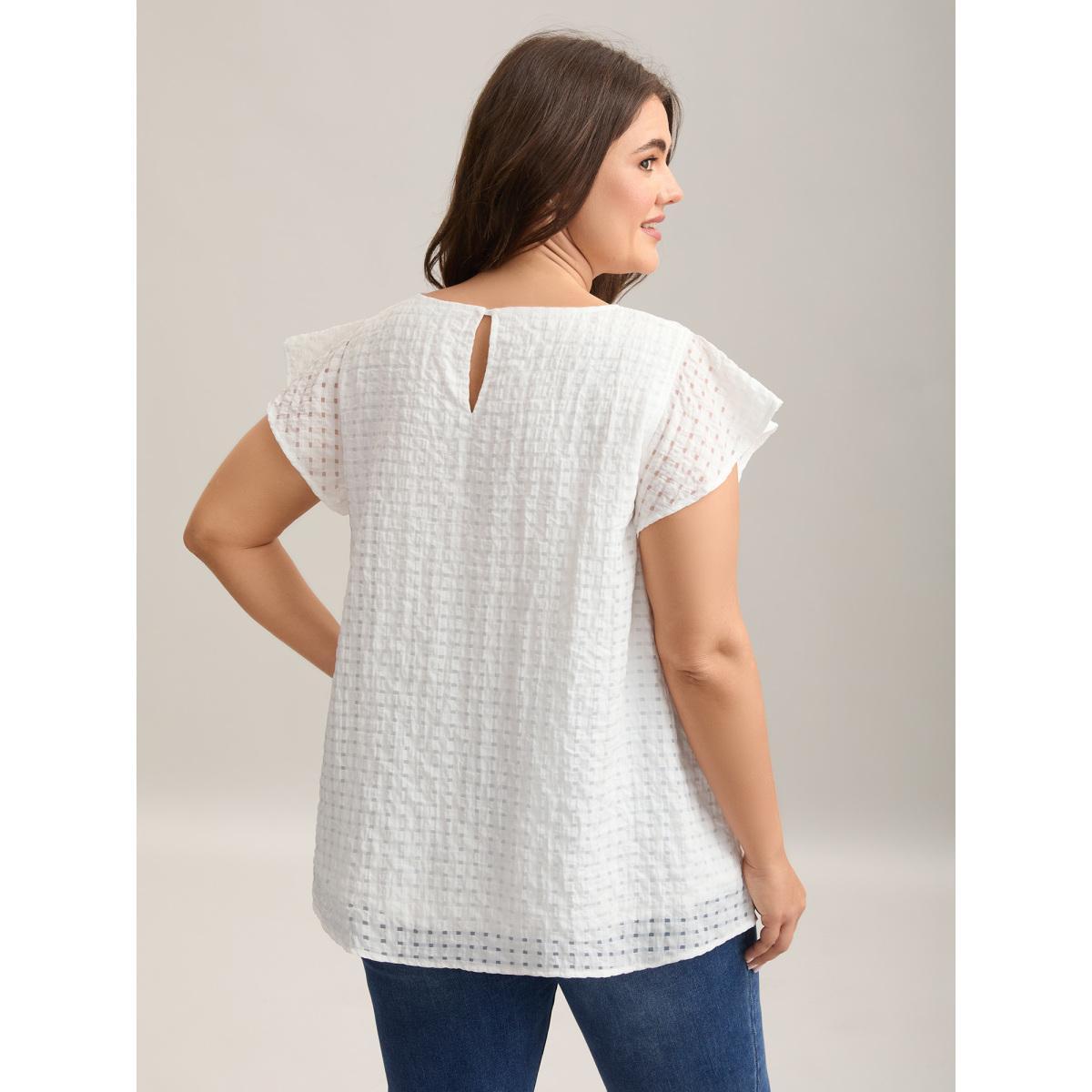 Plus Size WhiteSmoke Textured Sheer Lined Flutter Sleeve Blouse Women Cap Sleeve Round Neck Everyday-Casual Blouses BloomChic 14-16/1X Product Image