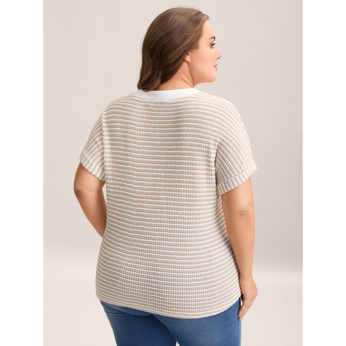 Plus Size Striped Half Placket Waffle T-Shirt Apricot Women Casual Texture V-neck Everyday T-shirts BloomChic 30/6X Product Image