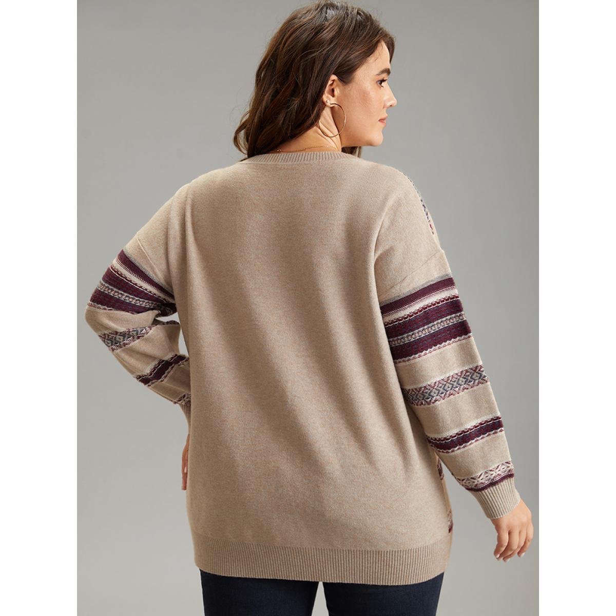 Plus Size Supersoft Essentials Striped Print Drop Shoulder Pullover LightBrown Women Casual Loose Long Sleeve Deep V-neck Everyday Pullovers BloomChic 26/4X Product Image