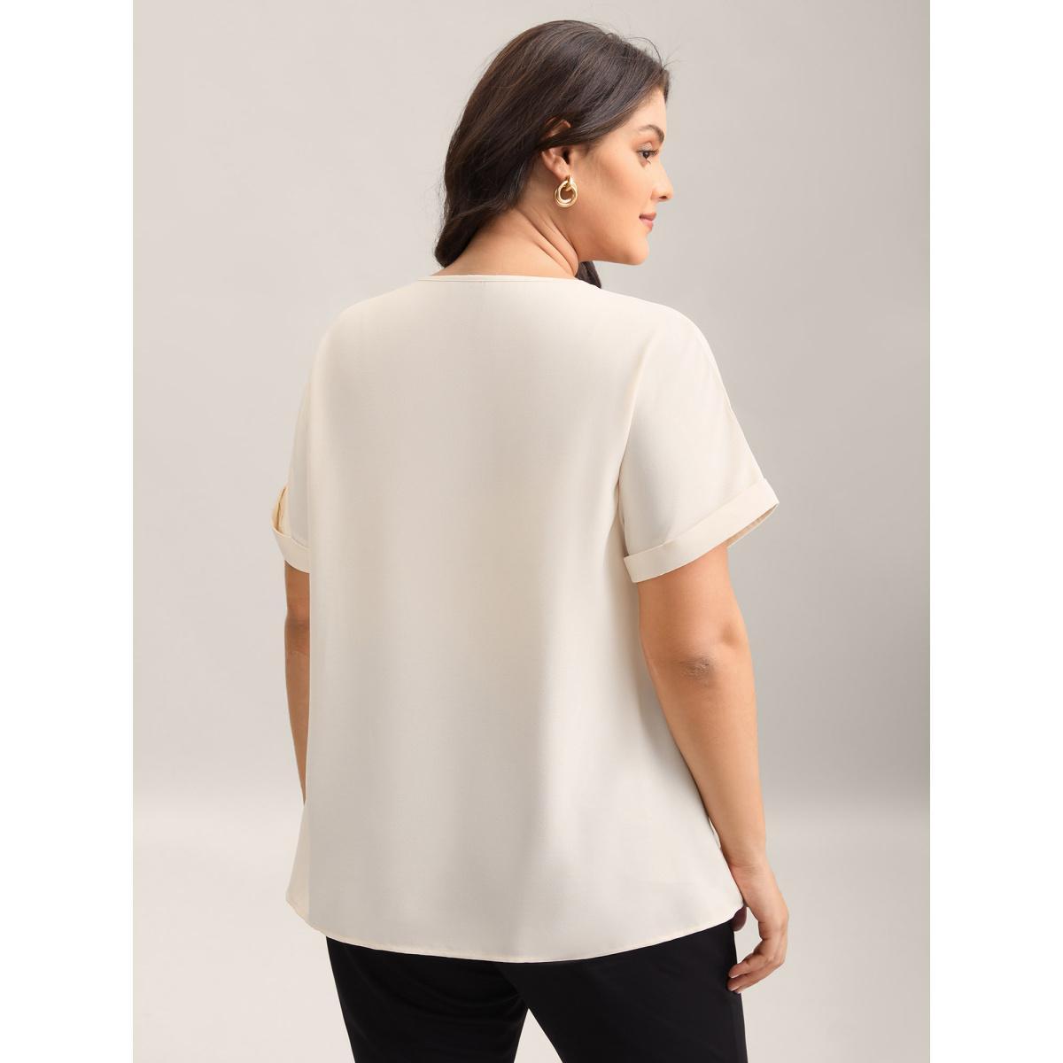 Plus Size Beige Collar Tie Color Contrast Blouse Women Short sleeve Ribbon-tied collar Work Blouses BloomChic 18-20/2X Product Image