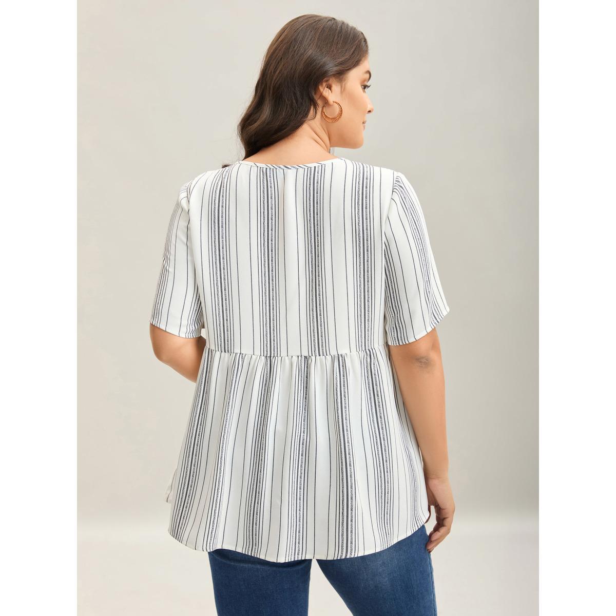Plus Size Ivory Striped Button Detail Flowy Shirt Women Resort Half Sleeve V-neck Vacation Blouses BloomChic 22-24/3X Product Image